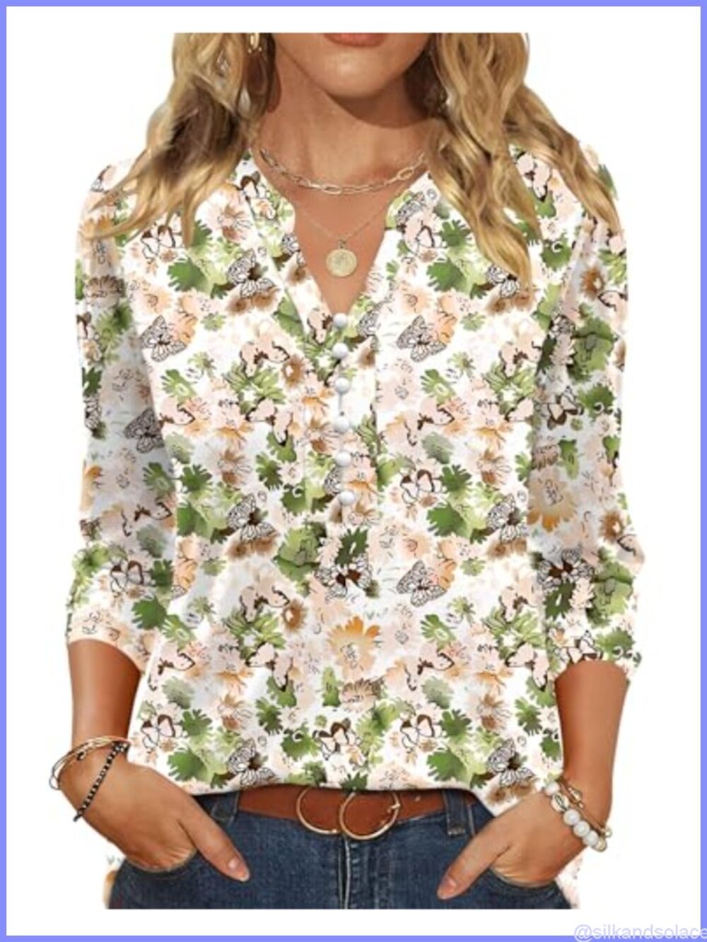 Womens 3/4 Sleeve Pearl Button Down Blouse Loose Fit Business Casual Top